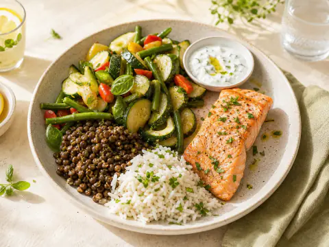 Assiette complète avec légumes, protéine et féculent