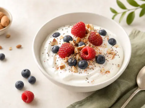 Bol de yaourt nature avec fruits rouges et graines